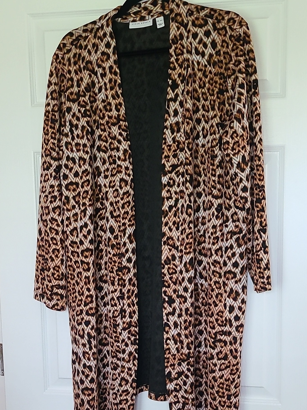 Susan Graver Women’s Sz PXL Leopard Open Front Long Cardigan Pockets